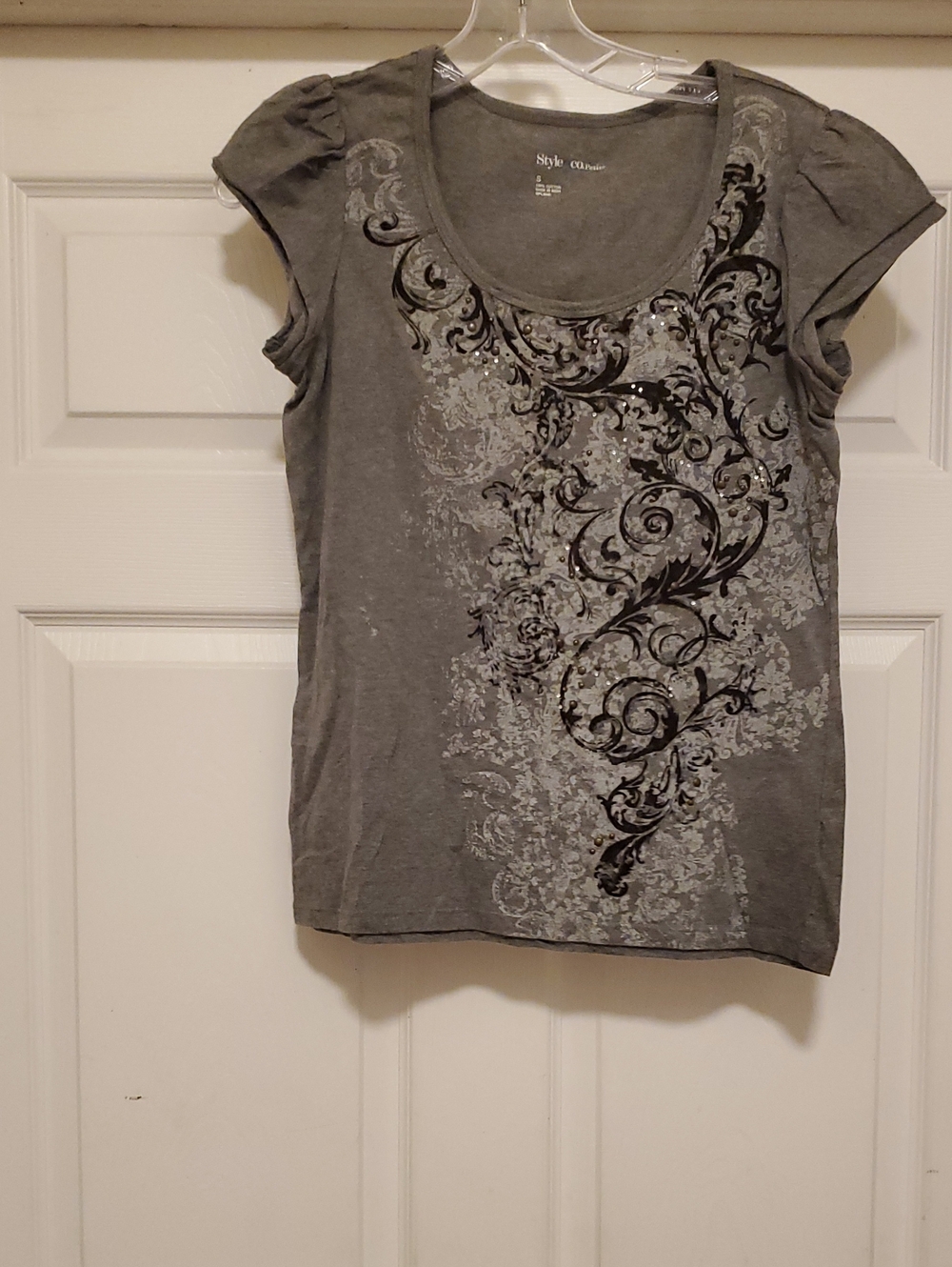 Style & Co. Gray Scoop Neck Tee with Embellished Scroll